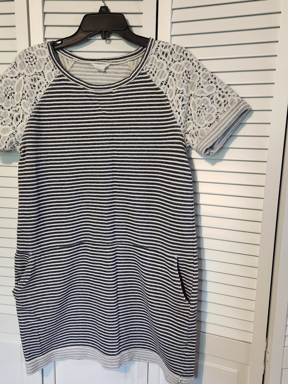 Caslon Navy & White Striped Knit Dress with Lace Raglan Sleeves